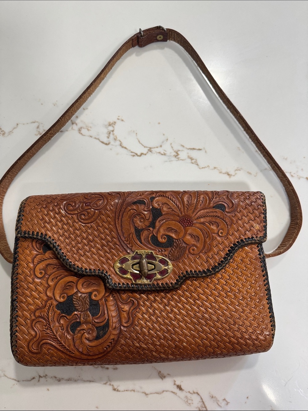 Vintage Hand-Tooled Brown Leather handbag Bag